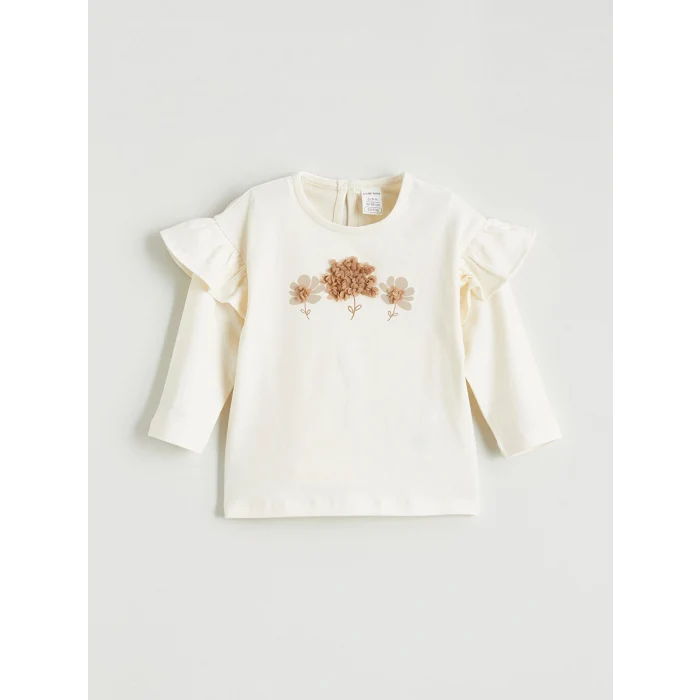 LCW baby Ekru Çiçek Baskılı Kız Bebek Tişört ve Eşofman Alt Takım