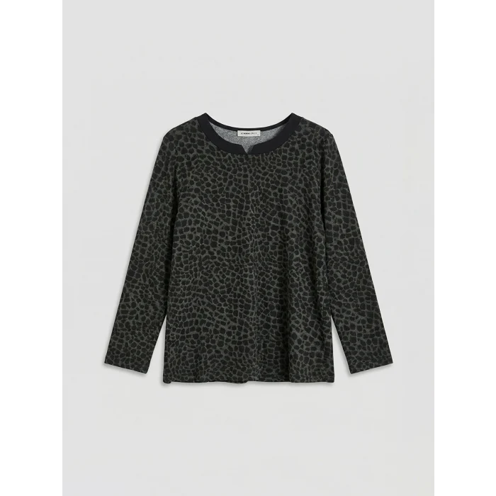 LCW Grace Yeşil Kaçık Yaka Leopar Desenli Kadın Tişört