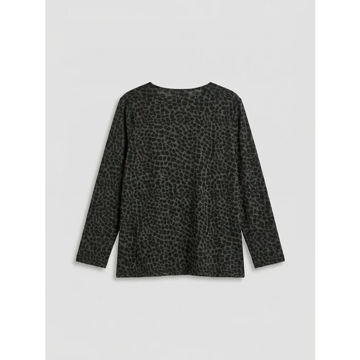 LCW Grace Yeşil Kaçık Yaka Leopar Desenli Kadın Tişört