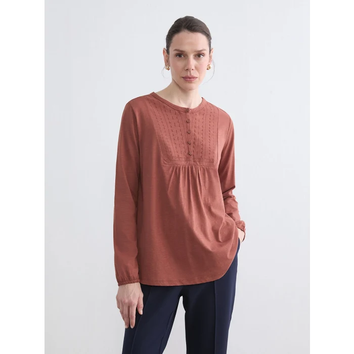 LCW Grace Kahverengi Bisiklet Yaka Nakışlı Bluz