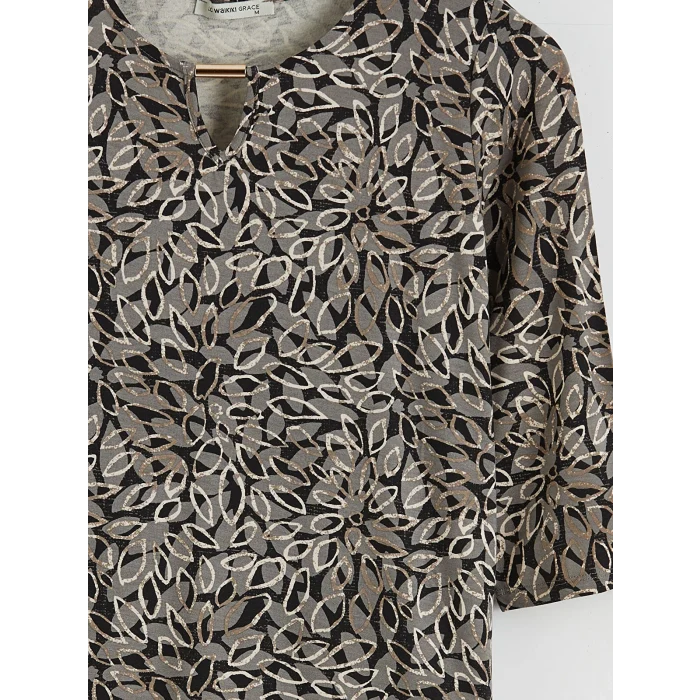 LCW Grace Siyah Bisiklet Yaka Desenli Bluz