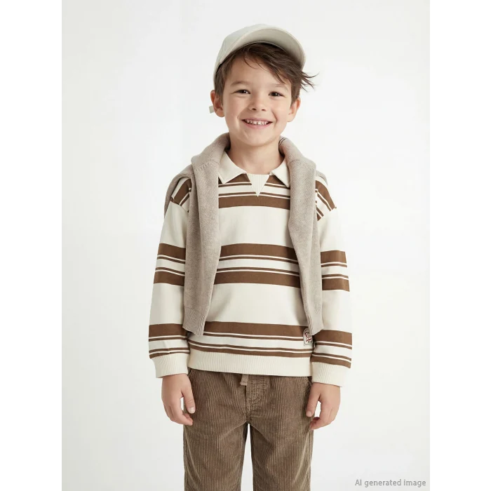 LCW Kids Bej Polo Yaka Çizgili Erkek Çocuk Kalın Sweatshirt