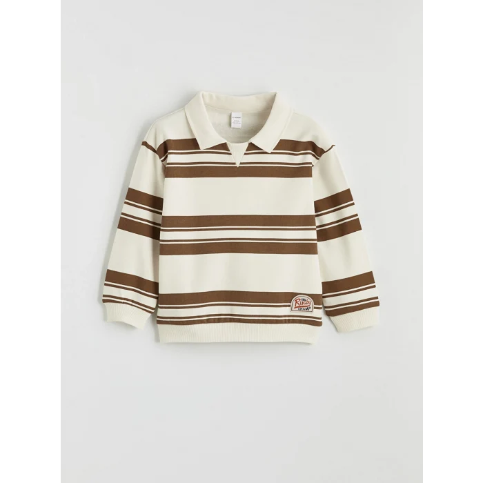 LCW Kids Bej Polo Yaka Çizgili Erkek Çocuk Kalın Sweatshirt
