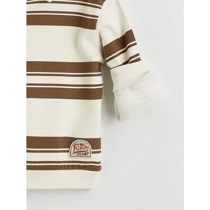 LCW Kids Bej Polo Yaka Çizgili Erkek Çocuk Kalın Sweatshirt