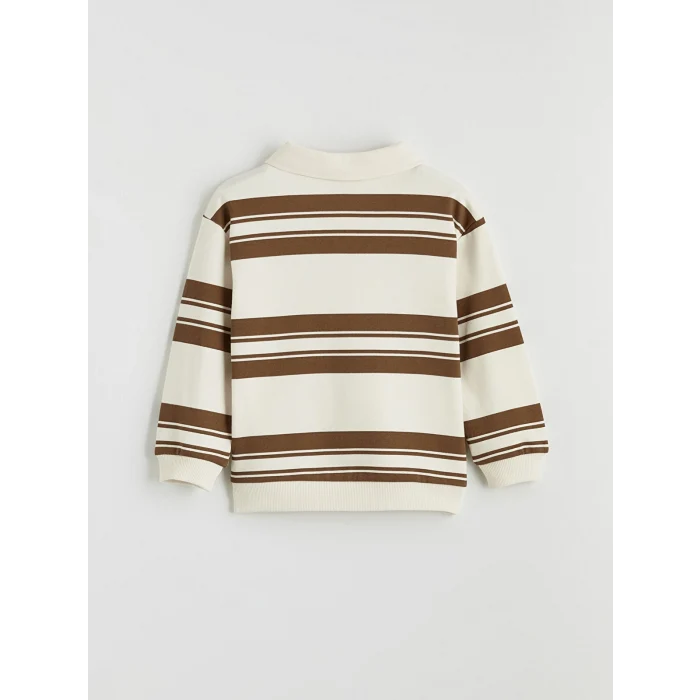 LCW Kids Bej Polo Yaka Çizgili Erkek Çocuk Kalın Sweatshirt