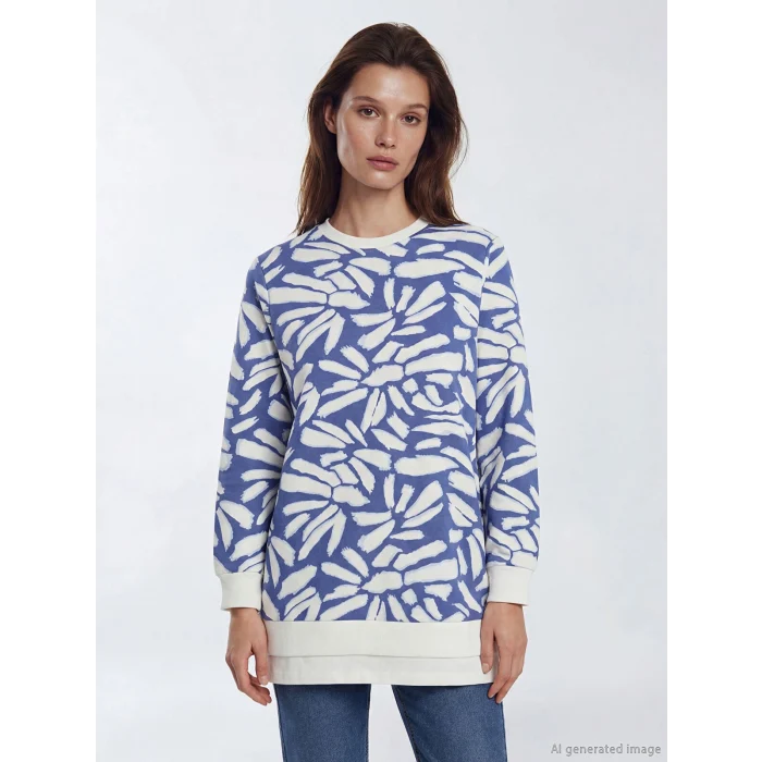 LCW Modest Mavi Bisiklet Yaka Desenli Kadın Sweatshirt Tunik