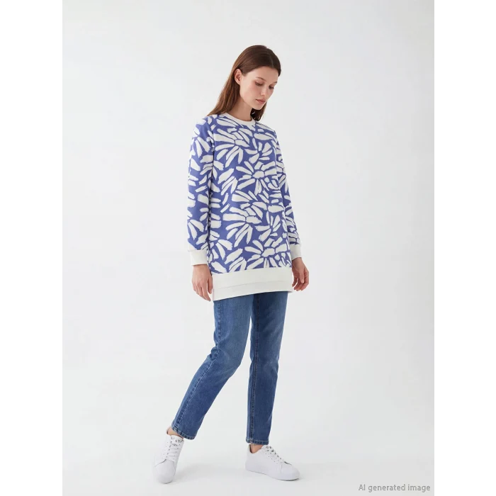 LCW Modest Mavi Bisiklet Yaka Desenli Kadın Sweatshirt Tunik
