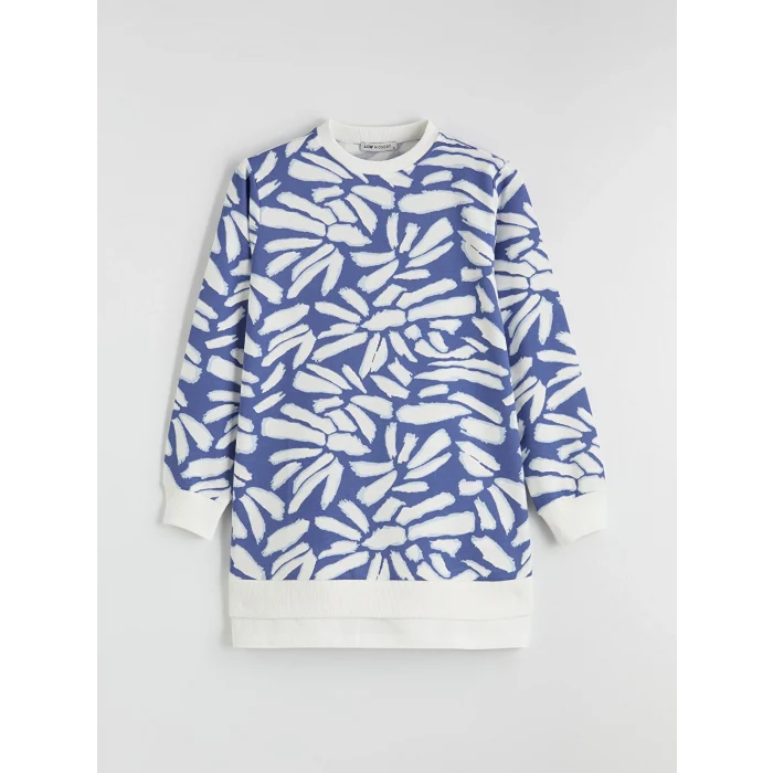 LCW Modest Mavi Bisiklet Yaka Desenli Kadın Sweatshirt Tunik