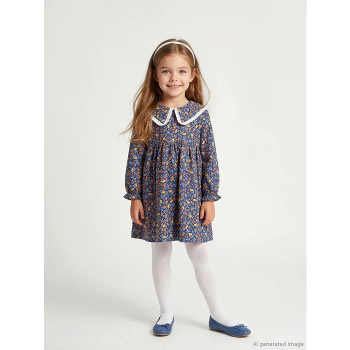 LCW Kids Lacivert Bebe Yaka Çiçek Desenli Kız Çocuk Elbise