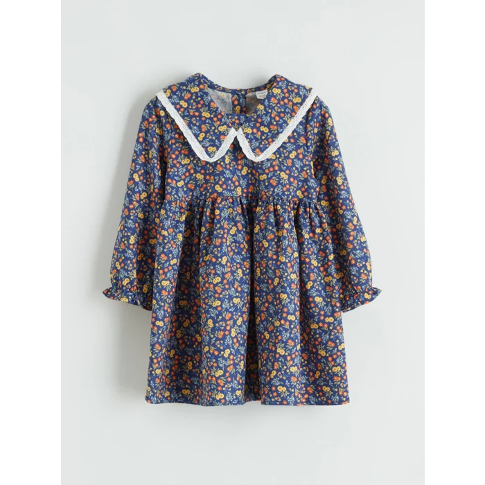LCW Kids Lacivert Bebe Yaka Çiçek Desenli Kız Çocuk Elbise