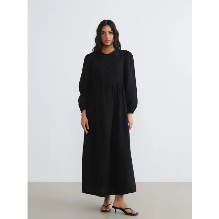 LCW Modest Siyah Bisiklet Yaka Balon Kollu Müslin Elbise