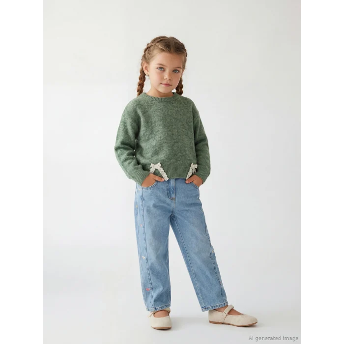 LCW Kids Mavi Regular Fit Nakışlı Kız Çocuk Jean Pantolon