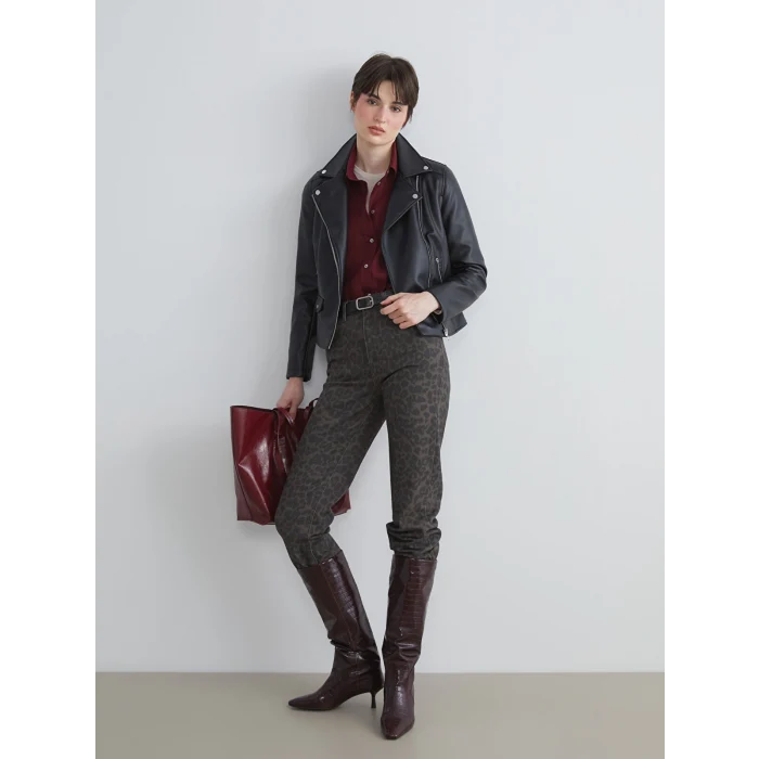 LCW Vision Siyah Biker Yaka Kadın Deri Görünümlü Ceket