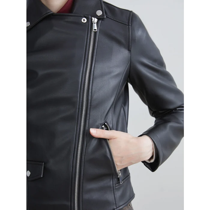 LCW Vision Siyah Biker Yaka Kadın Deri Görünümlü Ceket