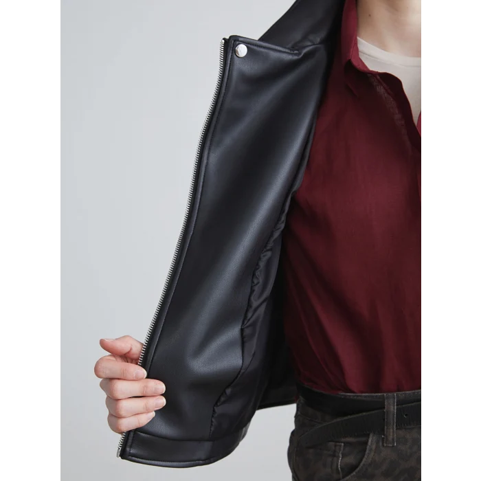 LCW Vision Siyah Biker Yaka Kadın Deri Görünümlü Ceket