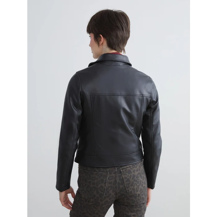 LCW Vision Siyah Biker Yaka Kadın Deri Görünümlü Ceket