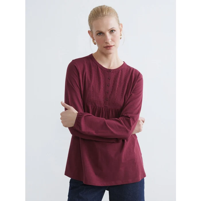 LCW Grace Bordo Bisiklet Yaka Nakışlı Bluz