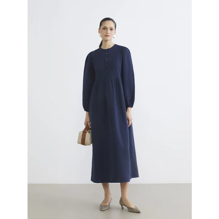 LCW Modest İndigo Bisiklet Yaka Balon Kollu Müslin Elbise