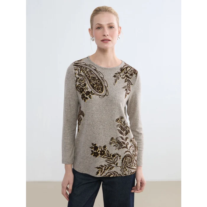 LCW Grace Bej Bisiklet Yaka Desenli Kadın Tişört