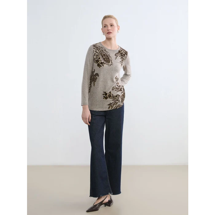 LCW Grace Bej Bisiklet Yaka Desenli Kadın Tişört