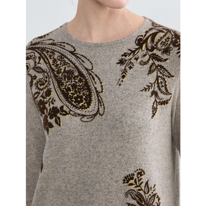 LCW Grace Bej Bisiklet Yaka Desenli Kadın Tişört