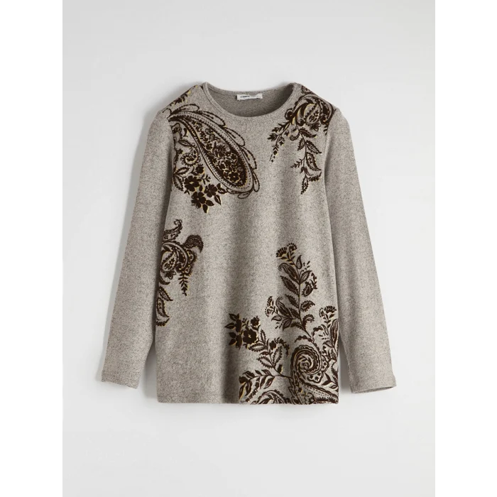 LCW Grace Bej Bisiklet Yaka Desenli Kadın Tişört