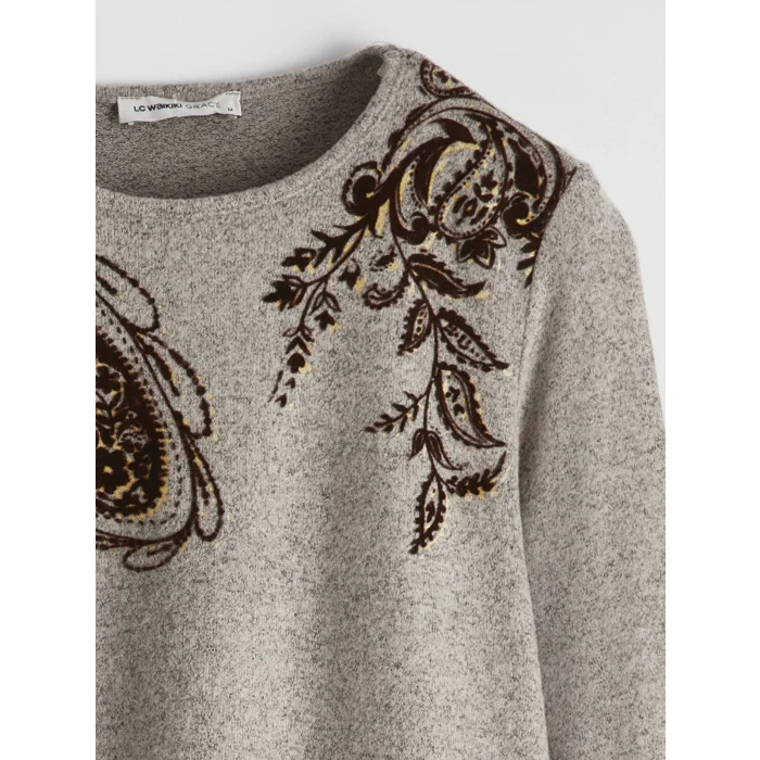 LCW Grace Bej Bisiklet Yaka Desenli Kadın Tişört