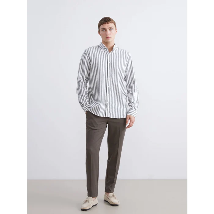 SOUTHBLUE Haki Regular Fit Çizgili Keten Görünümlü Erkek Gömlek