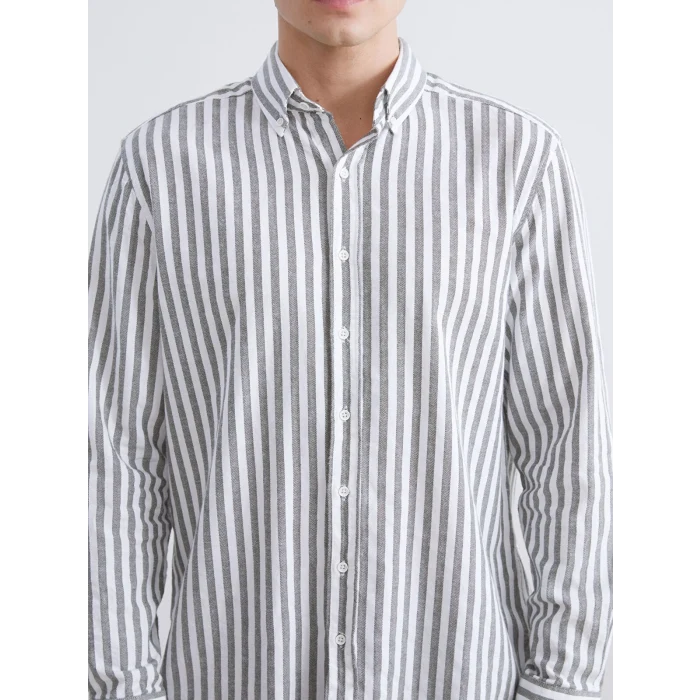 SOUTHBLUE Haki Regular Fit Çizgili Keten Görünümlü Erkek Gömlek