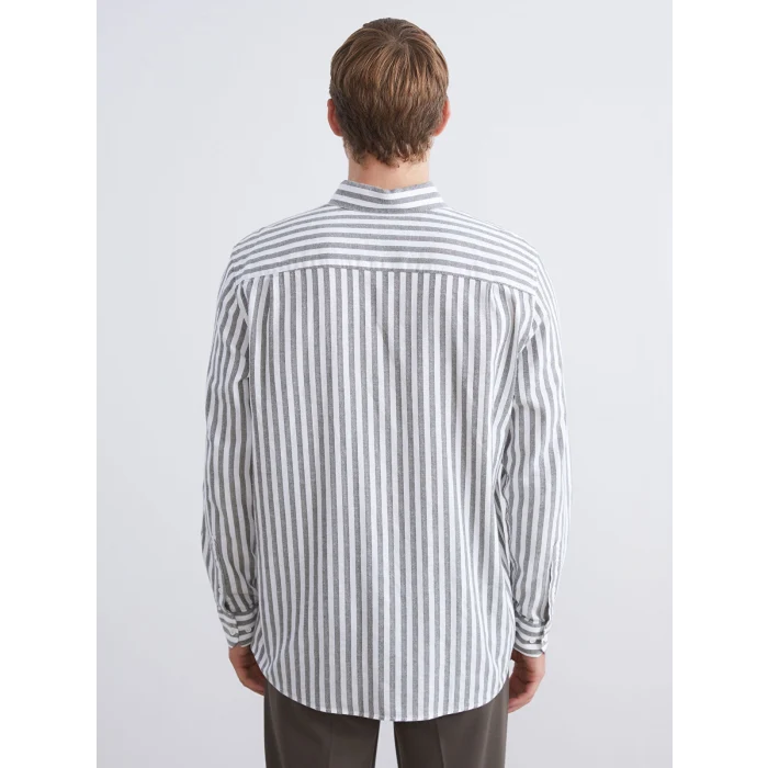 SOUTHBLUE Haki Regular Fit Çizgili Keten Görünümlü Erkek Gömlek