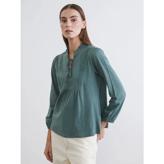LCW Grace Yeşil Bağlamalı Yaka Nakışlı Büzgülü Bluz
