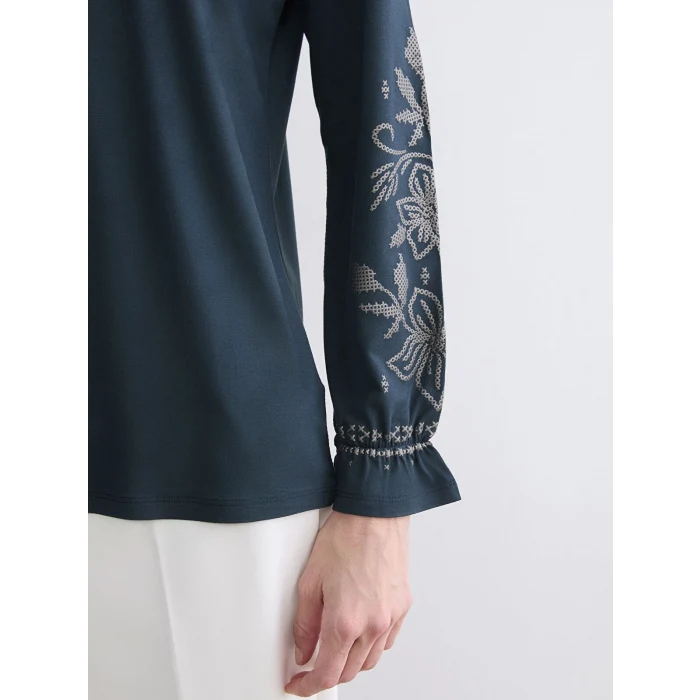 LCW Grace Lacivert Bağlama Yaka Fırfırlı Desenli Bluz