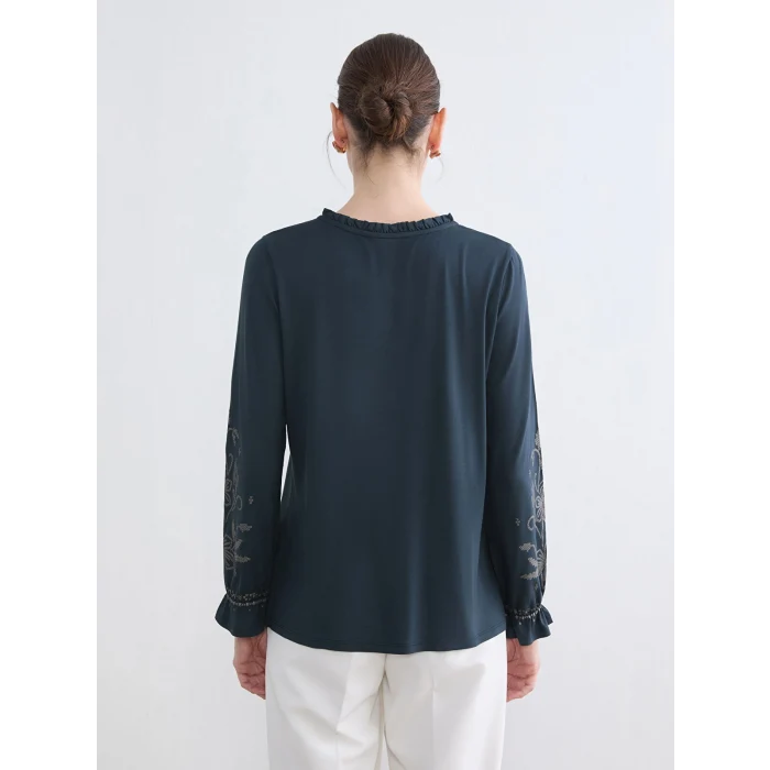 LCW Grace Lacivert Bağlama Yaka Fırfırlı Desenli Bluz