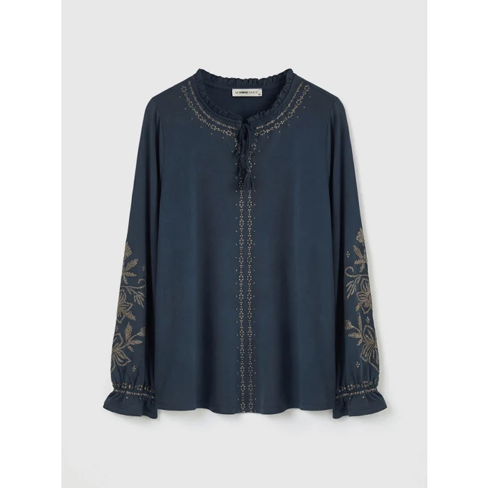 LCW Grace Lacivert Bağlama Yaka Fırfırlı Desenli Bluz