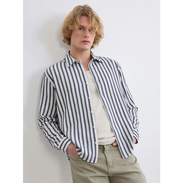 XSIDE Lacivert Regular Fit Çizgili Armürlü Erkek Gömlek