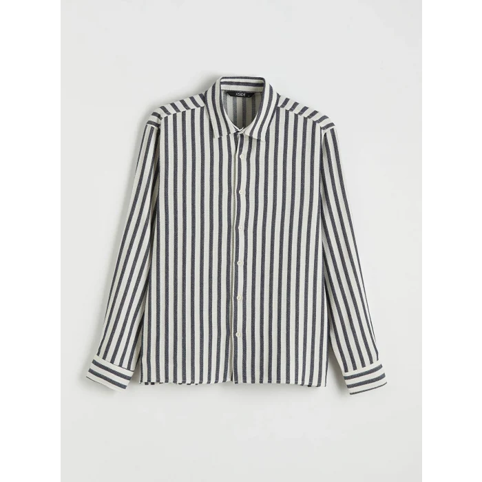 XSIDE Lacivert Regular Fit Çizgili Armürlü Erkek Gömlek