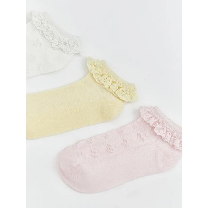 LCW baby Ekru Dantel Detaylı Kız Bebek Patik Çorap 3lü