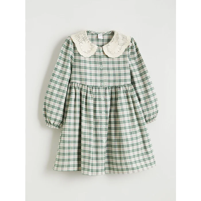 LCW Kids Yeşil Bebe Yaka Ekose Kız Çocuk Elbise