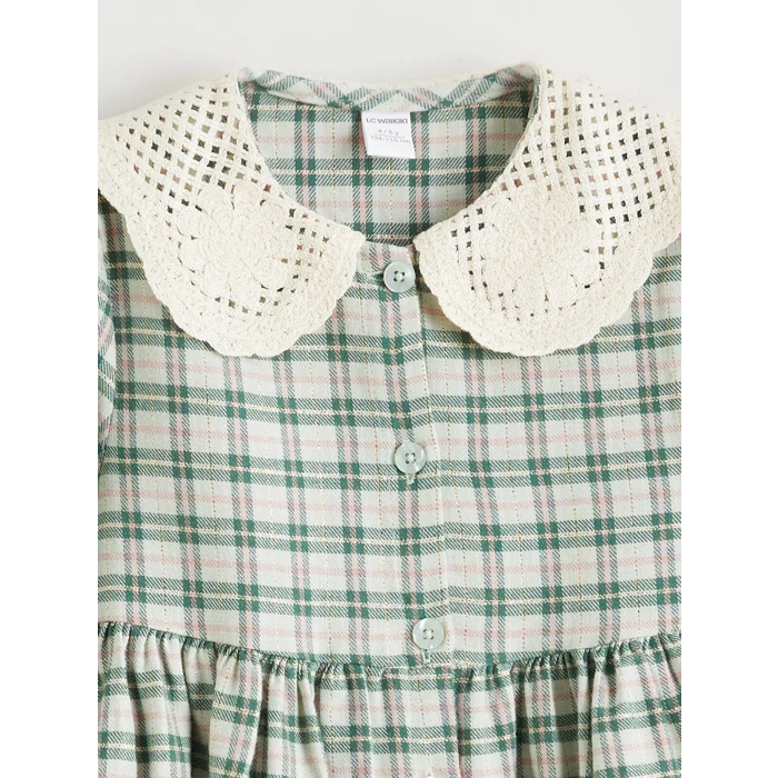 LCW Kids Yeşil Bebe Yaka Ekose Kız Çocuk Elbise