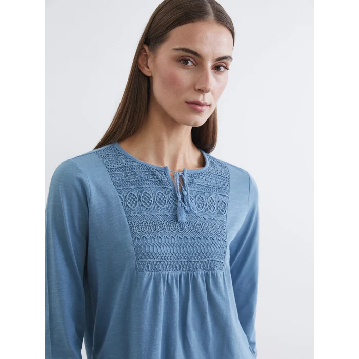 LCW Grace Mavi Bağlamalı Yaka Nakışlı Bluz
