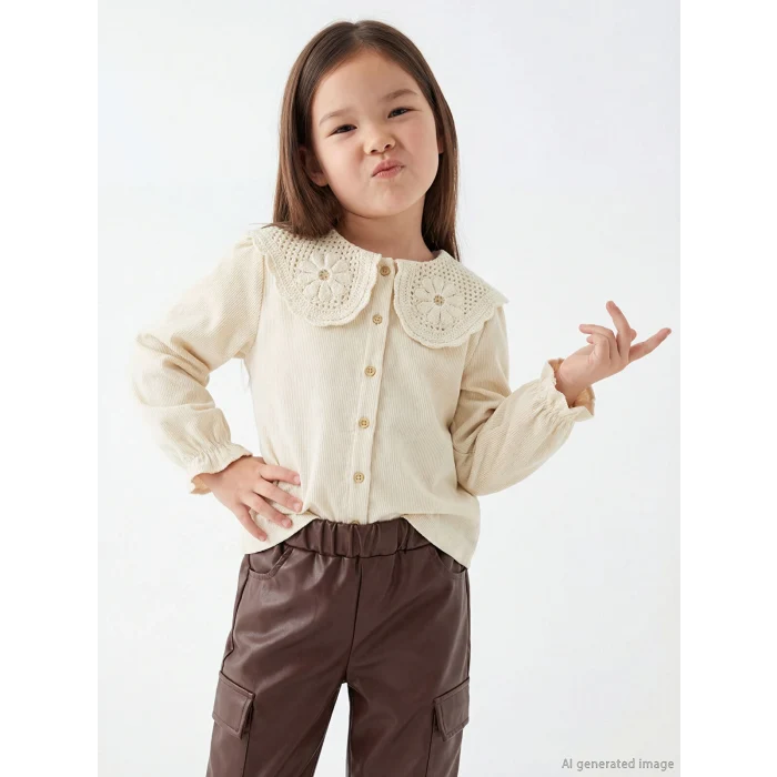 LCW Kids Ekru Çiçek Nakışlı Kız Çocuk Kadife Gömlek
