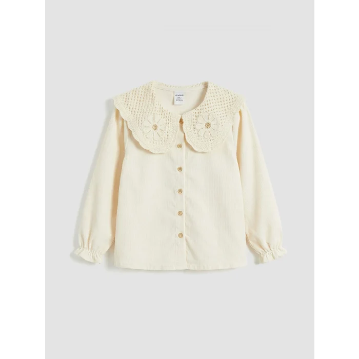 LCW Kids Ekru Çiçek Nakışlı Kız Çocuk Kadife Gömlek