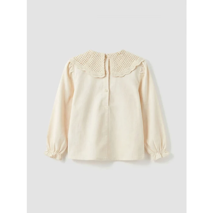 LCW Kids Ekru Çiçek Nakışlı Kız Çocuk Kadife Gömlek