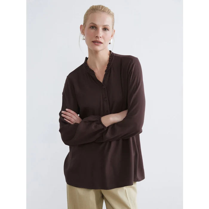LCW Grace Kahverengi Fırfırlı Kaçık Yaka Bluz