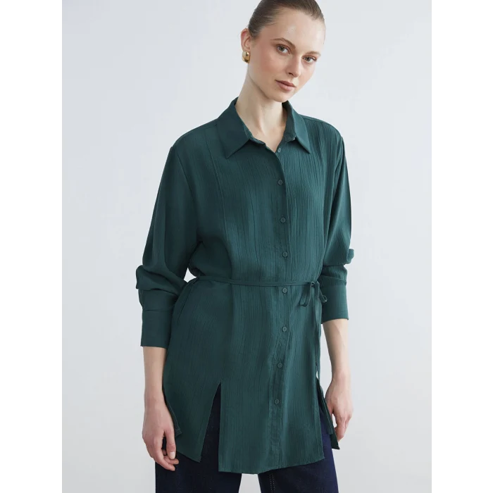 LCWAIKIKI Classic Yeşil Dokulu Krinkle Kadın Gömlek Tunik
