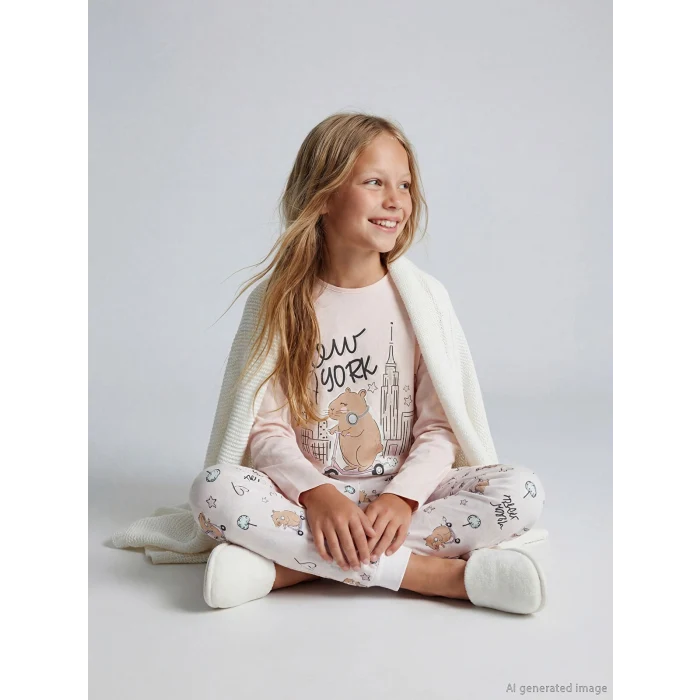 LCW Kids Pembe Bisiklet Yaka New York Baskılı Kız Çocuk Pijama Takım