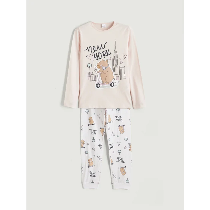 LCW Kids Pembe Bisiklet Yaka New York Baskılı Kız Çocuk Pijama Takım
