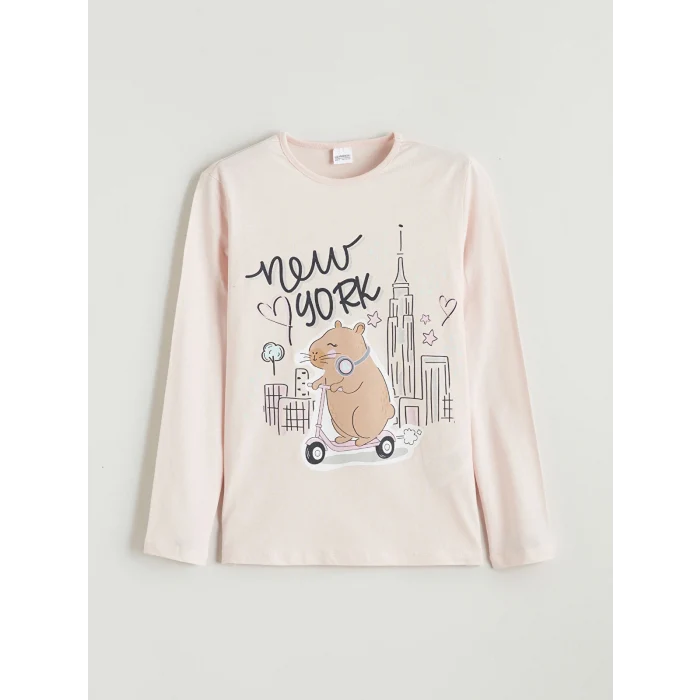 LCW Kids Pembe Bisiklet Yaka New York Baskılı Kız Çocuk Pijama Takım