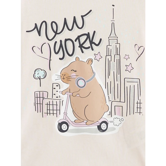 LCW Kids Pembe Bisiklet Yaka New York Baskılı Kız Çocuk Pijama Takım