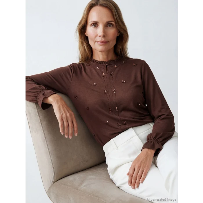 LCW Grace Kahverengi Fırfırlı Hakim Yaka Pul Payetli Bluz